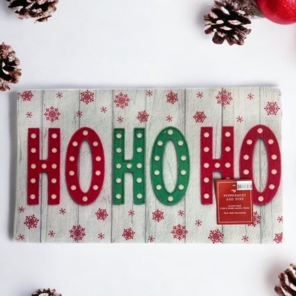 Peppermint & Pine Christmas Rug Door Mat Accent Non Skid  HO HO HO 17.3 X 29.9 - Picture 1 of 12